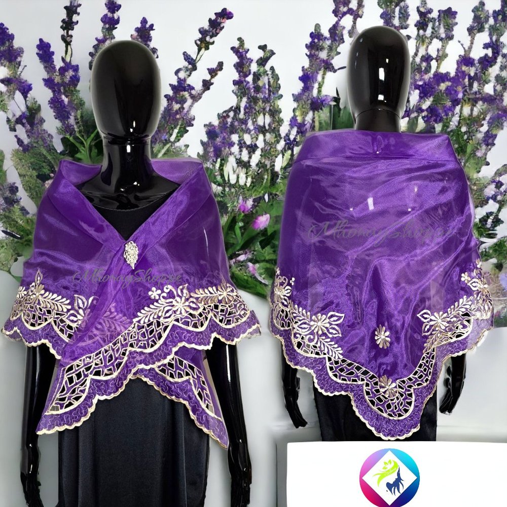 Purple-Handmade Filipino Alampay Shawl – Organza Cutwork Embroidery w/ Brooch